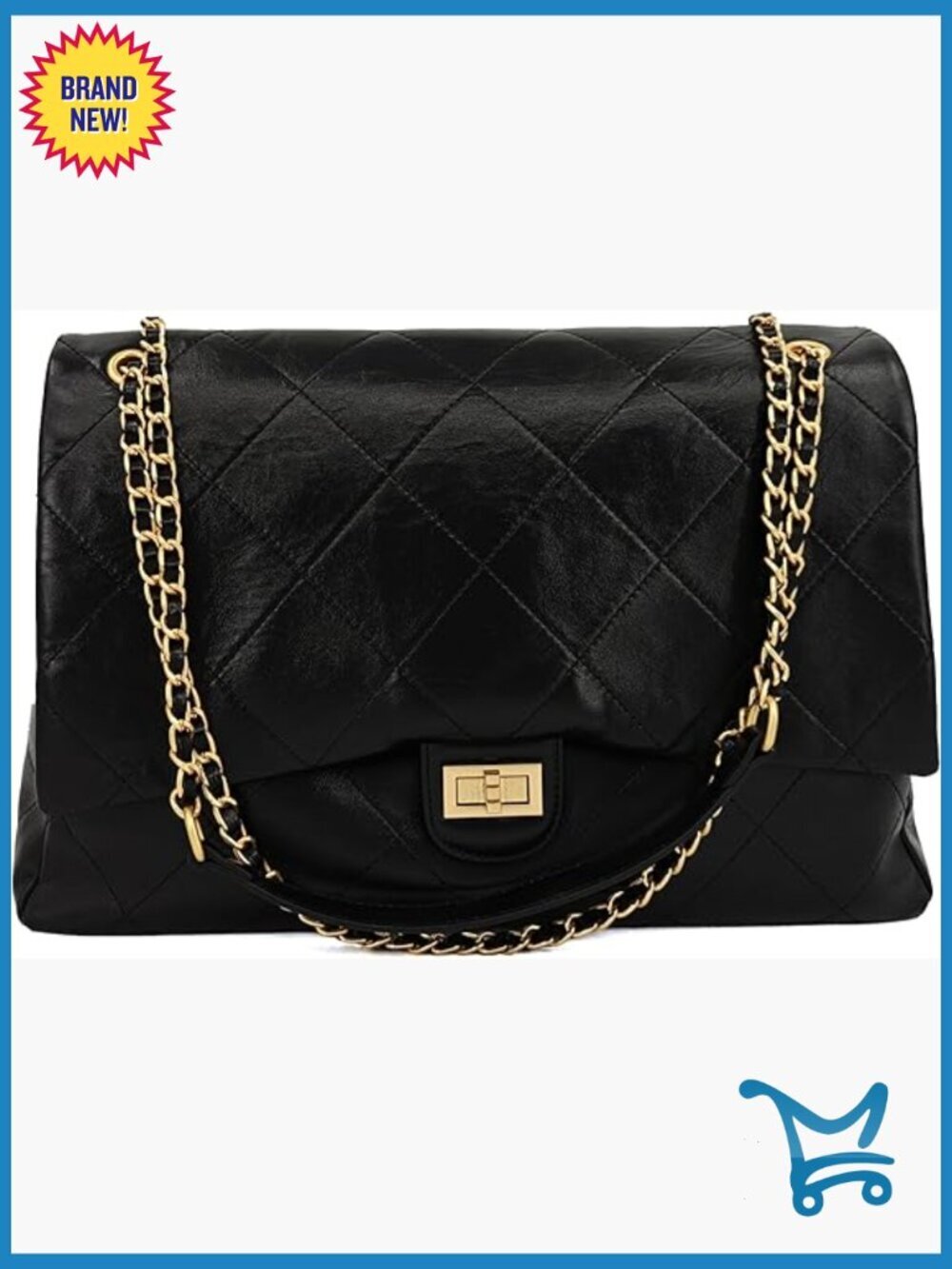 Large Quilted Leather Shoulder Bag with Gold Chain Strap Tote Briefcase
